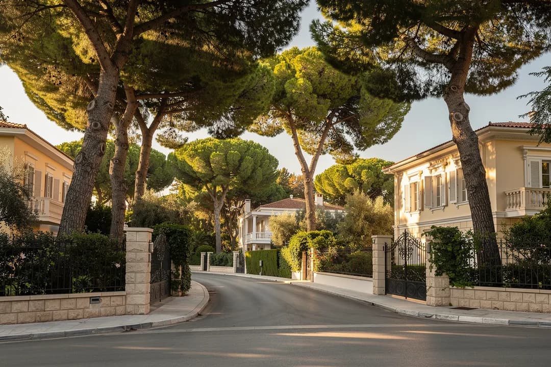 Ruhige Villenstraße in Kifisia mit Pinien, Gartenmauern und Toreinfahrten
