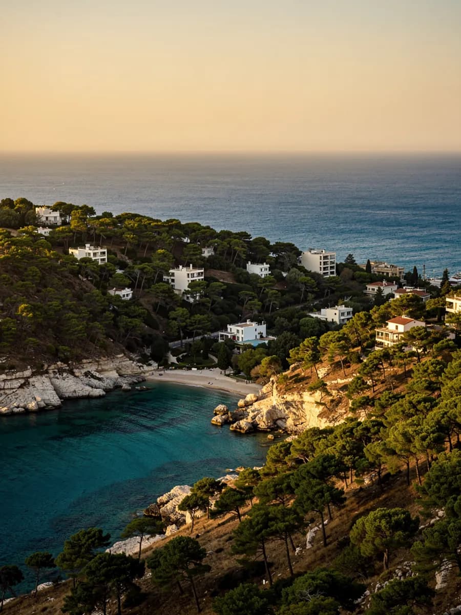 Blick über die Küste der Athener Riviera mit Pinienhängen, weißen Villen und einer türkisfarbenen Bucht im goldenen Nachmittagslicht